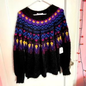 NWT Colorful Black Yellow Purple Blue Fair Isle Sweater: Time and Tru L